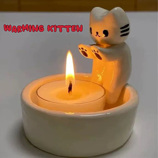 Warming Kitty Ceramic Candle Holder | Kawaii Healing Cat Decor)
