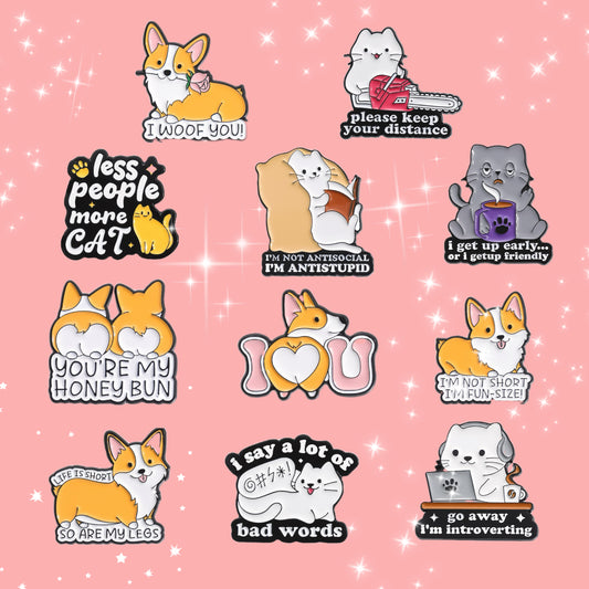 🐱Kawaii Cat & Corgi Enamel Badge Set (11 Styles) | Cute Pins for Bags, Jackets & Gifts💕