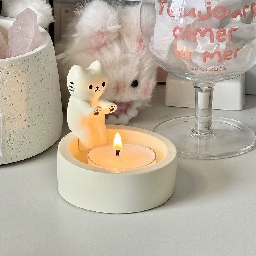 Warming Kitty Ceramic Candle Holder | Kawaii Healing Cat Decor）